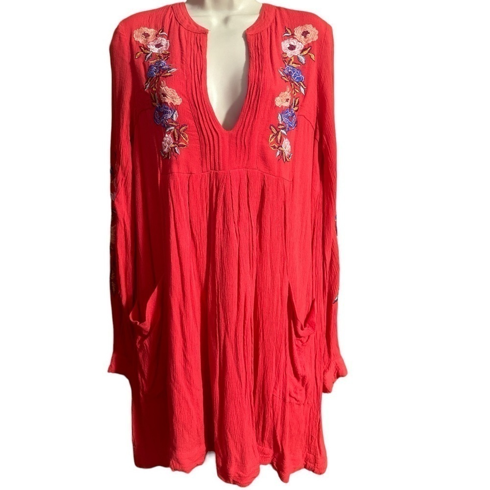 Free People Mia Boho Coral Floral Embroidered V Neck Long Sleeve Mini Dress - Picture 3 of 12